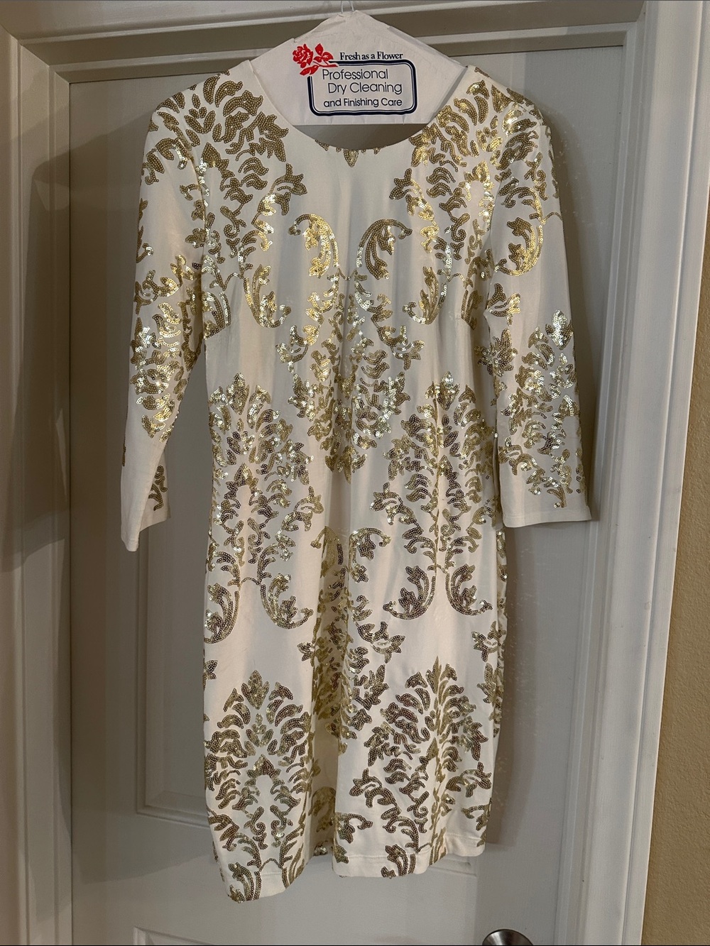 White & Gold Sequin Sheath Dress